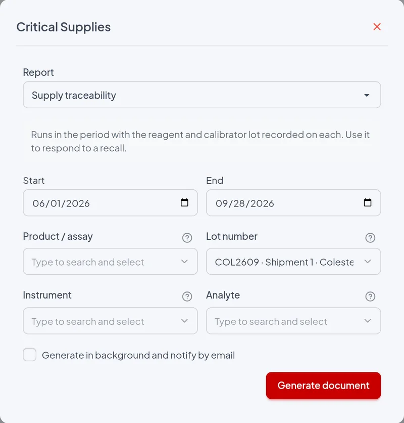 Issue window of the Supply traceability report with the example filters
