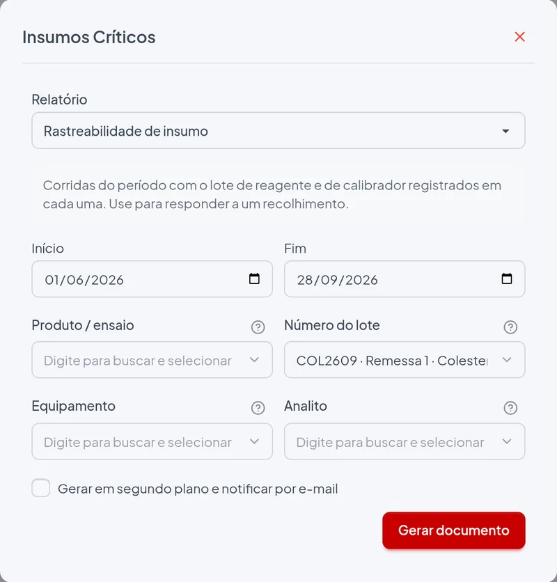 Janela de emissão do relatório Rastreabilidade de insumo com os filtros do exemplo