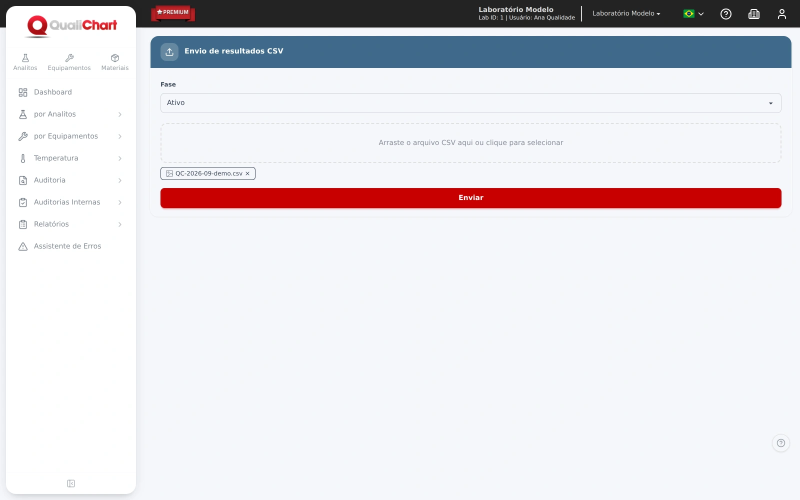 Envio de resultados por arquivo CSV com a fase do controle selecionada