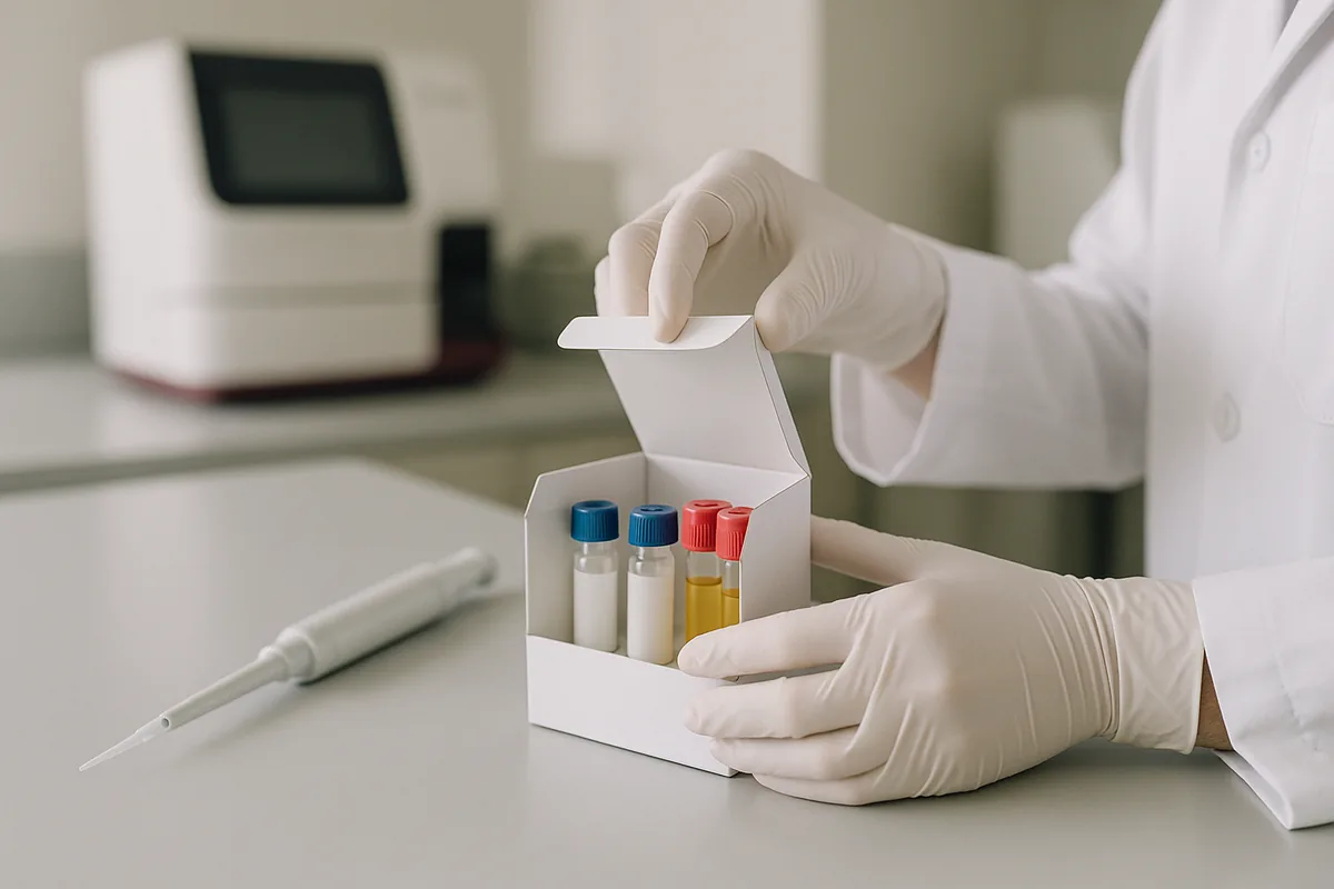 Laboratory professional opens a proficiency testing kit with control sample vials