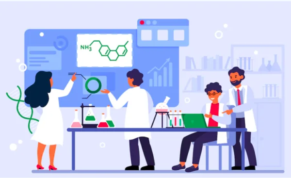 Laboratory equipment and staff illustration